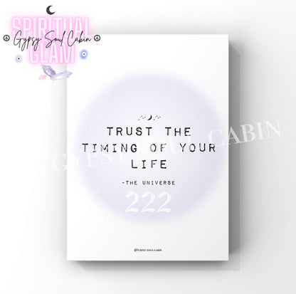 Spiritual wall decor print featuring a soft purple gradient aura background with the cosmic slogan Trust The Timing Of Your Life and alignment number 222.
