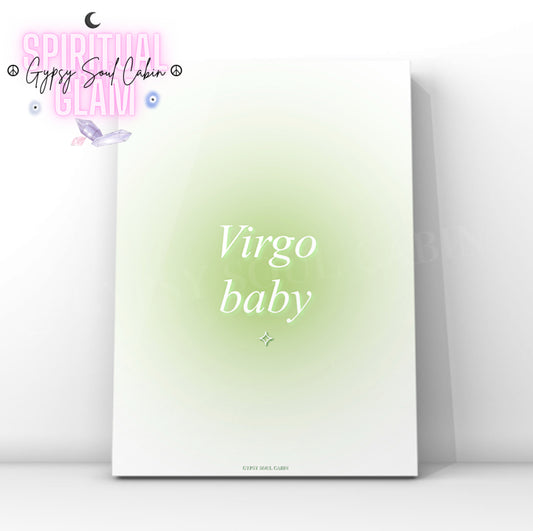 Gypsy Soul Cabin Virgo baby green gradient aura art print with aesthetic spiritual typography and a vibrant green energy design.