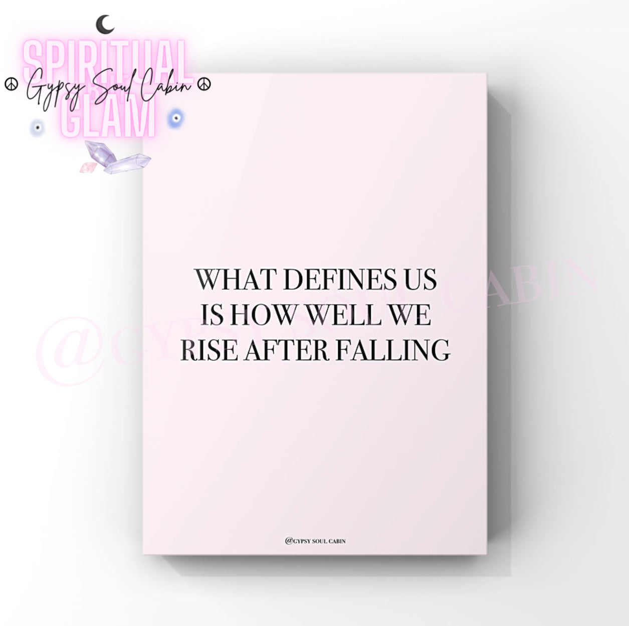 Inspirational mindset typography wall art print featuring the powerful quote "What defines us is how well we rise after falling" in clean black lettering over a soft pastel pink background, block.
