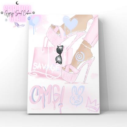 Trendy A4 aesthetic fashion print displaying pink platform high heels, a savage tote bag, a blue target symbol on the ankle, blue spray paint hearts, a melting pink OMG tag, and a graffiti cartoon bunny illustration.