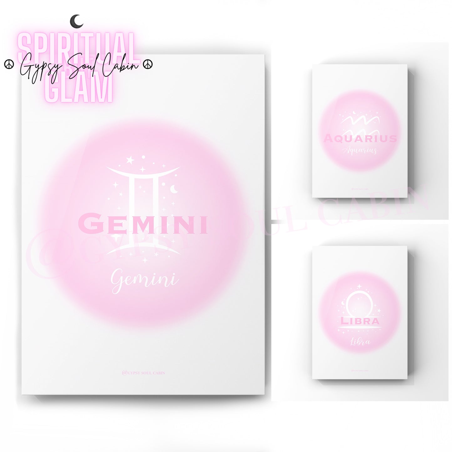 Set of three ethereal pink aura gradient zodiac prints displaying the air element signs Gemini, Aquarius, and Libra with minimalist white astrological symbols.