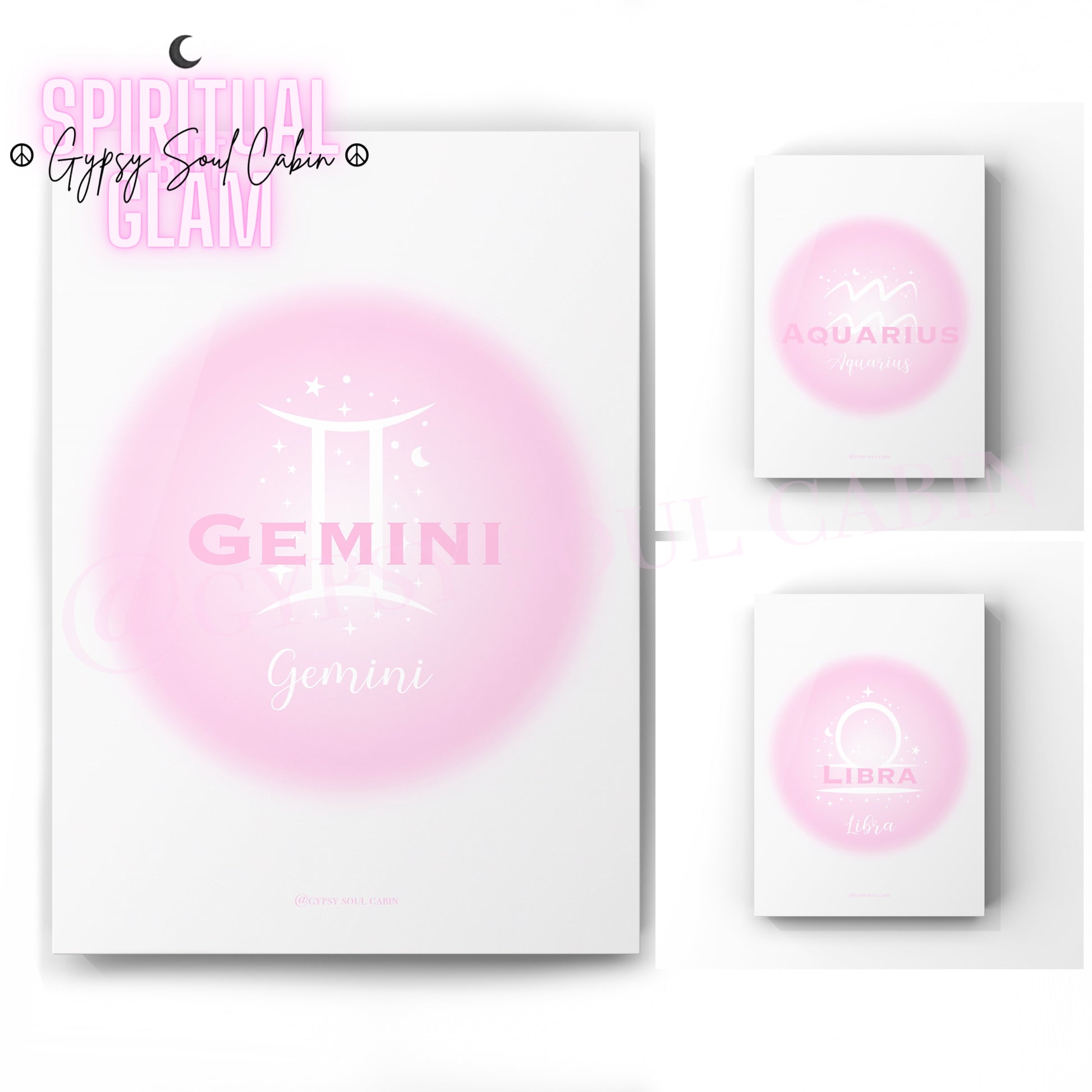 Set of three ethereal pink aura gradient zodiac prints displaying the air element signs Gemini, Aquarius, and Libra with minimalist white astrological symbols.