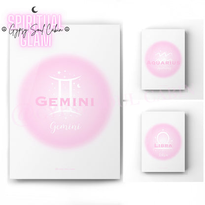 Set of three ethereal pink aura gradient zodiac prints displaying the air element signs Gemini, Aquarius, and Libra with minimalist white astrological symbols.