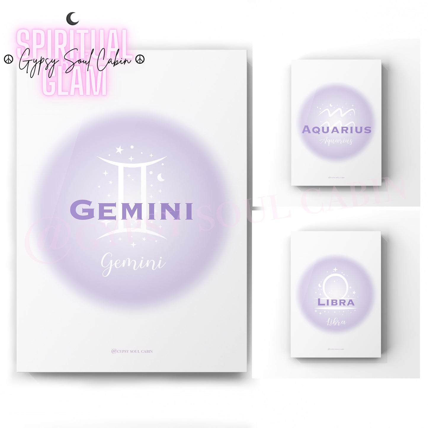 Set of three ethereal purple aura gradient zodiac prints displaying the air element signs Gemini, Aquarius, and Libra with minimalist white astrological symbols.