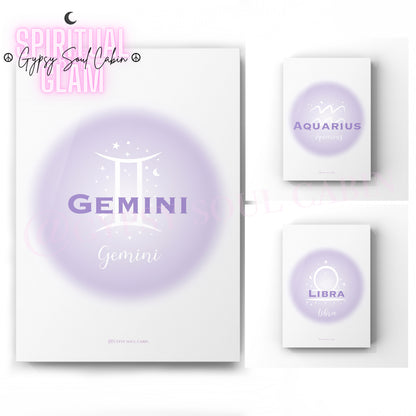 Set of three ethereal purple aura gradient zodiac prints displaying the air element signs Gemini, Aquarius, and Libra with minimalist white astrological symbols.