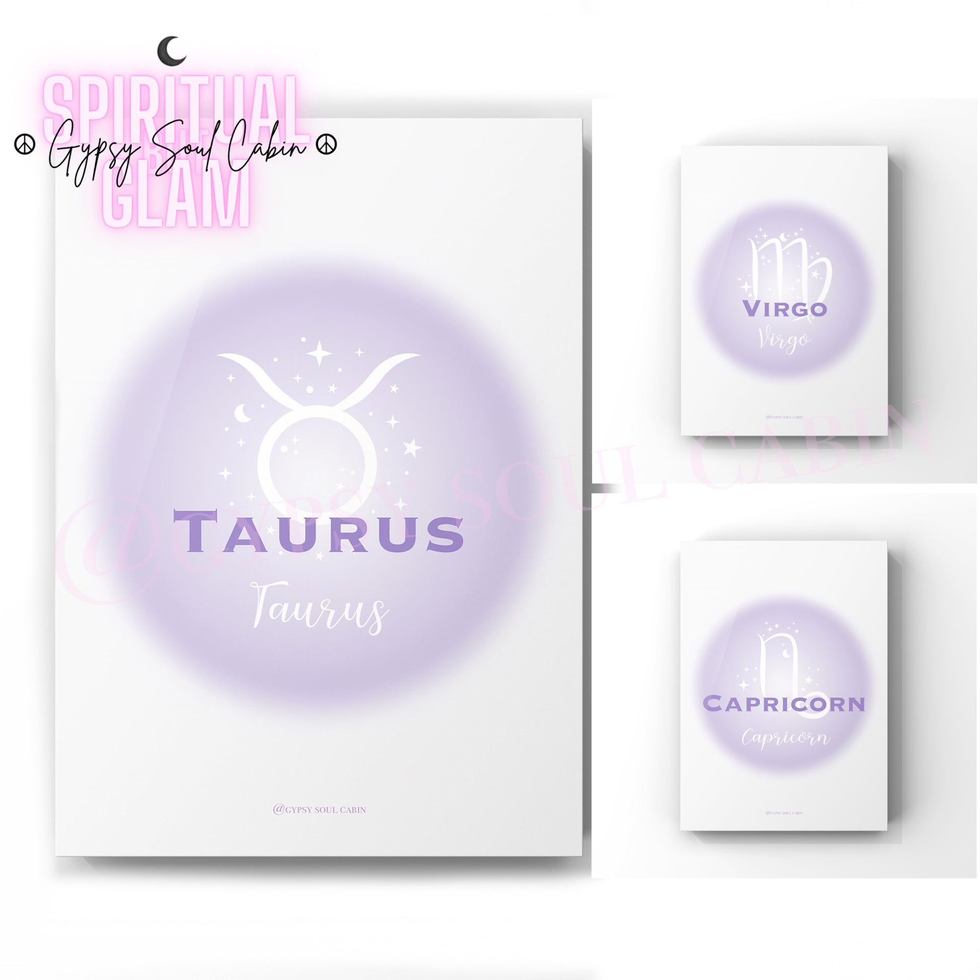Set of three ethereal purple aura gradient zodiac prints displaying the earth element signs Taurus, Virgo, and Capricorn with minimalist white astrological symbols.