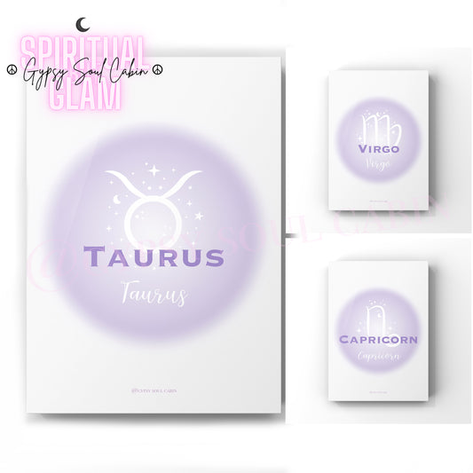 Set of three ethereal purple aura gradient zodiac prints displaying the earth element signs Taurus, Virgo, and Capricorn with minimalist white astrological symbols.