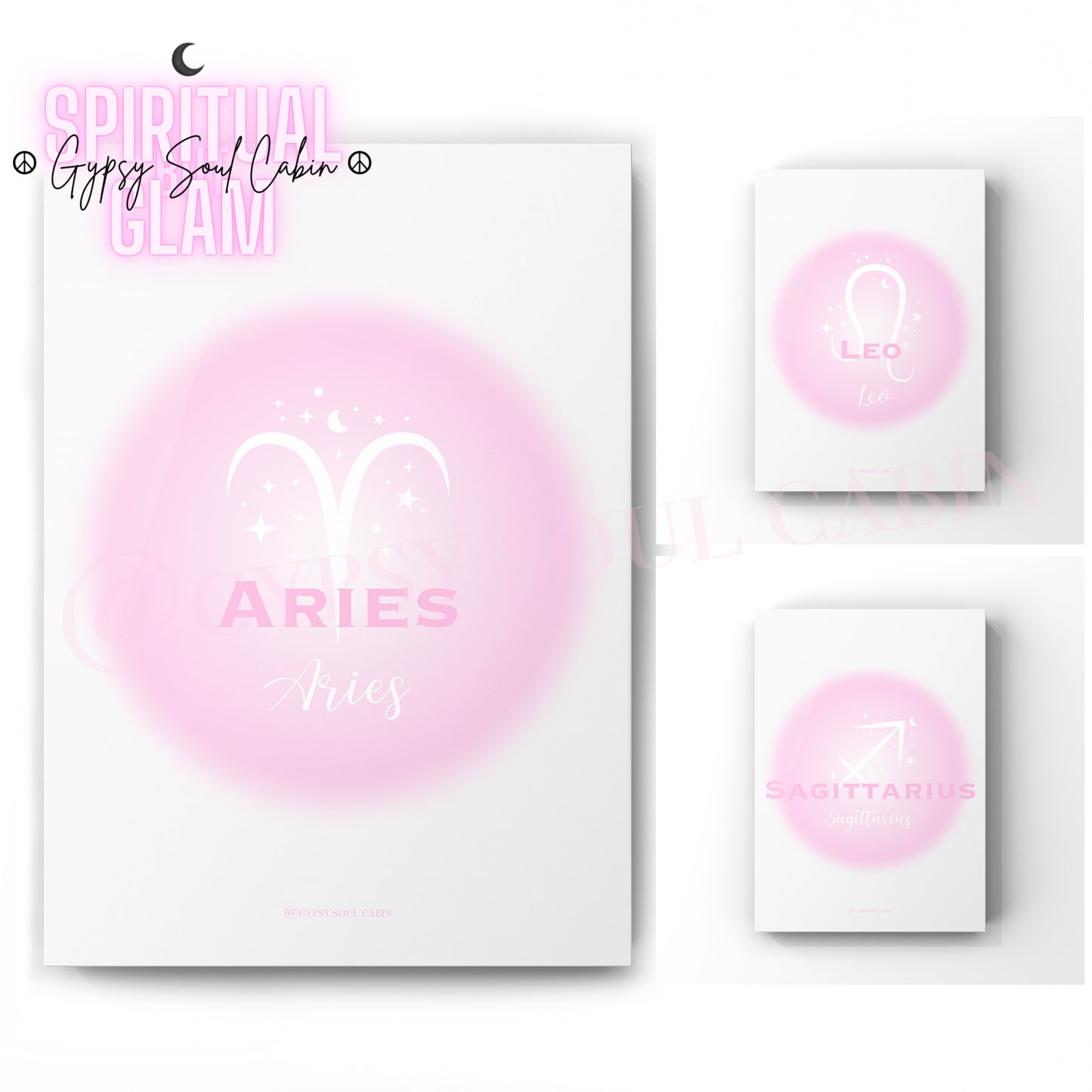 Set of three ethereal pink aura gradient zodiac prints displaying the fire element signs Aries, Leo, and Sagittarius with minimalist white astrological symbols.