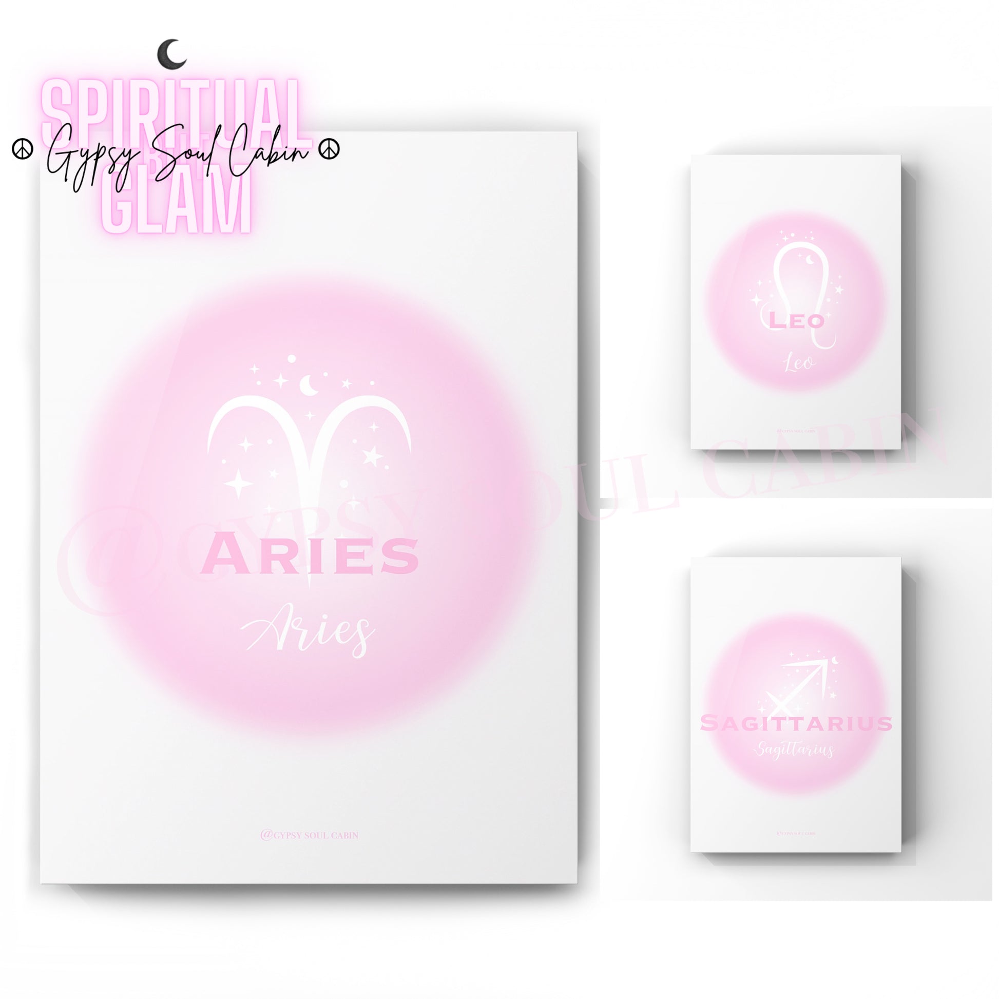 Set of three ethereal pink aura gradient zodiac prints displaying the fire element signs Aries, Leo, and Sagittarius with minimalist white astrological symbols.