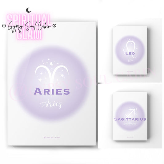 Set of three ethereal purple aura gradient zodiac prints displaying the fire element signs Aries, Leo, and Sagittarius with minimalist white astrological symbols.