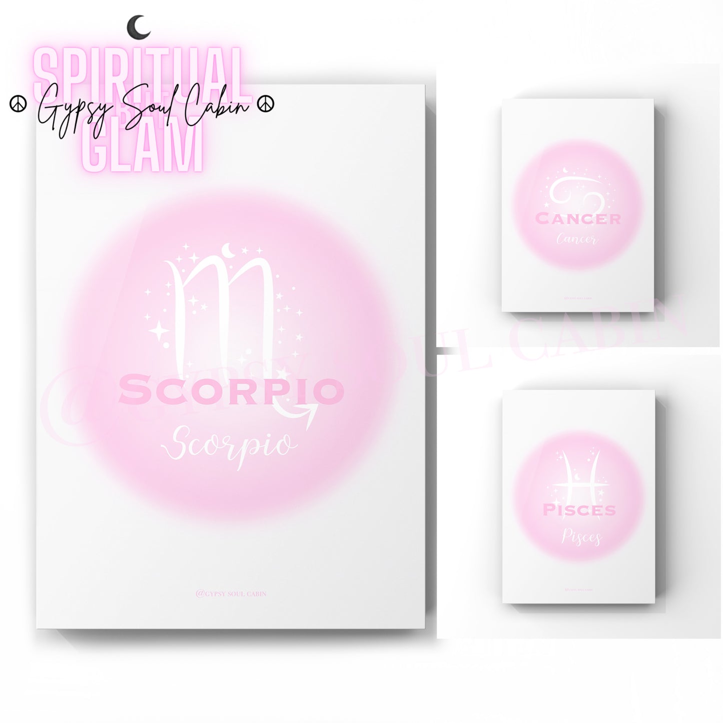 Set of three ethereal pink aura gradient zodiac prints displaying the water element signs Scorpio, Cancer, and Pisces with minimalist white astrological symbols.
