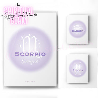 Set of three ethereal purple aura gradient zodiac prints displaying the water element signs Scorpio, Cancer, and Pisces with minimalist white astrological symbols.