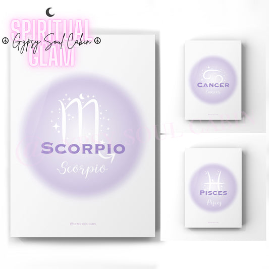 Set of three ethereal purple aura gradient zodiac prints displaying the water element signs Scorpio, Cancer, and Pisces with minimalist white astrological symbols.
